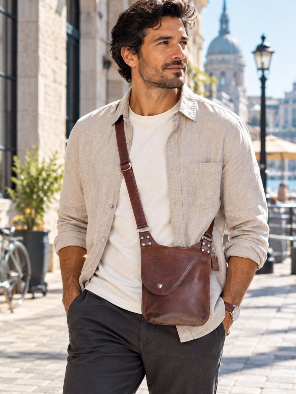 Men's Brown Genuine Leather Distressed Small Crossbody Messenger Bag
